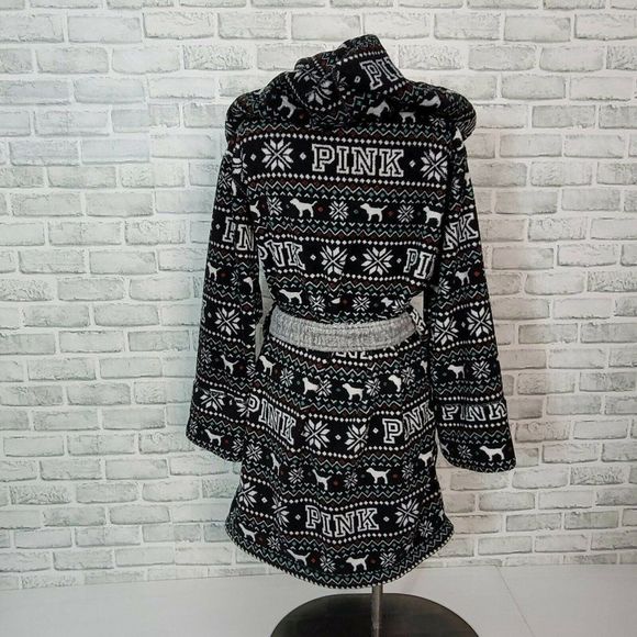 Victorias Secret Pink XS/S Plush Fleece Reversible Fair Isle‎ Hooded Robe - Picture 3 of 8